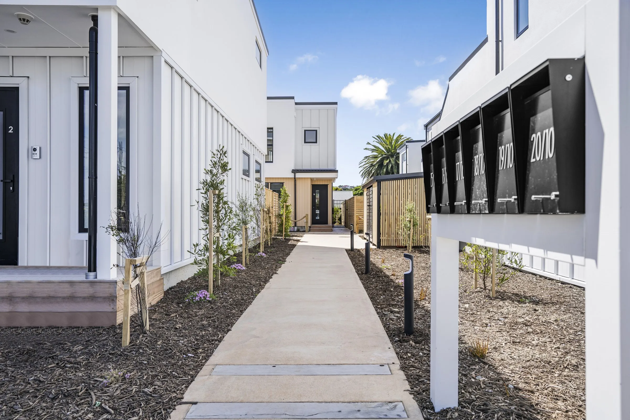 Landscaped path between the townhouses